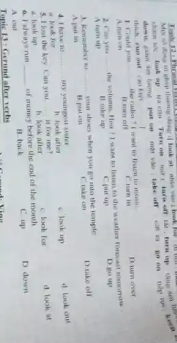 Topic 13: Gerund after verbs
mountains
ghen throng dong it look at: nhin vào ; look for
cham soc: look up tra cini Turn on : mo turn off lat turn up ting am line
put
thich run out can kiet. __
on mặt vào take off coi ra...go on tiếp tue keen on
1. Could you
__
the radio? I want to listen to music
C.turn in
D. turn over
A.num on
B.turn off
2. Can you __
the volume, Hoa?want to listen to the weather forecast tomorrow.
A.turn up
B.take up
C.put up
D.go up
3. Remember to
__ your shoes when you go into the temple
D take off
A put in
B.put on
Clake on
4. I have to __ my youngest sister
a. look for
b look after
C. look up
d. look out
5. I lost the key Can you __ it for me?
a. look up
b. look after
C. look for
d. look at
6. I always run __
of money before the end of the month.
A out
B. back
C. up
D. down