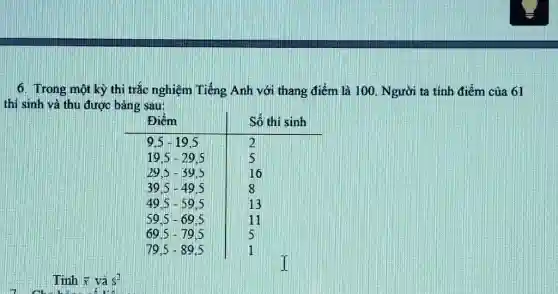 Trong một kỳ thi trắc nghiệm Tiếng Anh với thang điểm là 100. Người ta tính điểm của 61 thí sinh và thu được bảng sau: Điềm Só thí sinh 9,5-19,5 2 19,5-29,5 5 29,5-39,5 16 39,5-49,5 8 49,5-59,5 13 59,5-69,5 11 69,5-79,5 5 79,5-89,5 1 Điềm	Só thí sinh 9,5-19,5	2 19,5-29,5	5 29,5-39,5	16 39,5-49,5	8 49,5-59,5	13 59,5-69,5	11 69,5-79,5	5 79,5-89,5	1 Tinh bar(x) và s^(2)