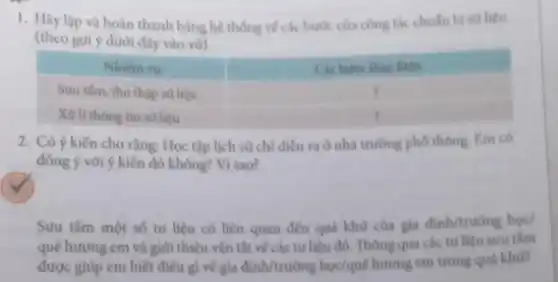 1. Hây lập và hoàn thành bàng hệ thống vế các bước cùa công tác chuấn bị sừ liệu (theo gợi ý dưới dây vào vở).

 Nhię̣m vu & Cac butoc thuc hien 
 Sưu tâm, thu thạp sừ liệu & 
 Xừ li thông tin sừ liệu & 


2. Có ý kiến cho rầng: Học tập lịch sừ chỉ diển ra ờ nhà trường phố thông. Em có đống ý với ý kiến đó không? Vi sao?
Sưu tấm một số tư liệu có liên quan đến quá khừ cùa gia đỉnh/trường học/ quê hương em và giới thiệu vấn tất vế các tư liệu đó. Thông qua các tư liệu sưu tấm được giúp em biết điêu gi vế gia đình/trường học/quê hương em trong quả khừ?