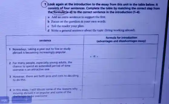 1) Look again at the introduction to the essay from this unit in the table below. It
consists of four sentences . Complete the table by matching the correct step from
the formula-da-d) to the correct sentence in the introduction (1-4)
a Add an extra sentence to support the first.
b Focus on the question in your own words.
c Tell the reader your plan.
d Write a general sentence about the topic (living/working abroad).
square 
square 
square 
square