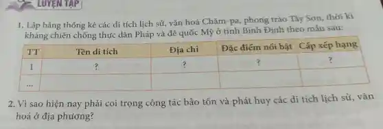 1. Lập bảng thống kê các di tích lịch sử.vǎn hoá Chǎm-pa,phong trào Tây Sơn, thời kì
kháng chiến chống thực dân Pháp và đế quốc Mỹ ở tỉnh Bình Định theo mẫu sau:
square  ?
square 
square  (
square 
square 
square 
square 
square 
2. Vì sao hiện nay phải coi trọng công tác bảo tôn và phát huy các di tích lịch sủ, vǎn
hoá ở địa phương?