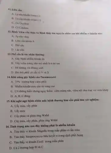 11. Liên cầu
A. Là cầu khuẩn Gram
(-)
B. Là cầu khuẩn Gram
(+)
C. Có Oxydase
D. Có Catalase
12. Bệnh Viêm cầu thận và Bệnh thấp tim nguyên nhân sau khi nhiễm vi khuẩn nào:
A. Tụ cầu vàng
B. Liên cầu nhóm A
C. Phế cầu
D. Lậu cầu
13. Phế cầu là tác nhân thường:
A. Gây bệnh nhiễm khuẩn da
B. Gây viêm màng não mủ nhất là ở trẻ em
C. Đề kháng với kháng sinh
D. Đòi hỏi phải có yếu tố V và X
14. Khả nǎng gây bệnh của Pneumococci
A. 75%  trường hợp viêm phổi
B. Nhiễm khuẩn máu cho tử vong cao
C. Có những biến chứng nguy hiểm:viêm màng não , viêm nội tâm mạc và viêm khớp
D. A, B,C đúng
15. Khi nghi ngờ bệnh nhân mắc bệnh thương hàn cần phải làm xét nghiệm:
A. Cấy máu, cấy phân
B. Cấy máu
C. Cấy phân và phản ứng Widal
D. Cấy máu, cấy phân, phản ứng Widal.
16. Tình trạng nào sau đây không phải là nhiễm khuẩn
A. Tìm thấy vi khuẩn Shigella trong mẫu phân có lẫn máu
B. Tim thấy Streptococcus tiêu huyết a trong dịch phết họng
C. Tìm thấy vi khuẩn Ecoli trong mẫu phân
D. Cả 2 trường hợp B và C