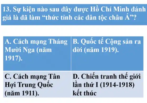 13. Sự kiện nào sau đây được Hồ Chí Minh đánl giá là đã làm "thức tỉnh các dân tộc châu Á"?

 }(l)
A. Cách mạng Tháng 
Mười Nga (năm 
1917).
 & 
B. Quốc tế Cộng sản ra 
đời (năm 1919).
 
 
C. Cách mạng Tân 
Họi Trung Quốc 
(năm 1911).
 & 
D. Chiến tranh thế giới 
lần thứ I (1914-1918) 
kết thúc