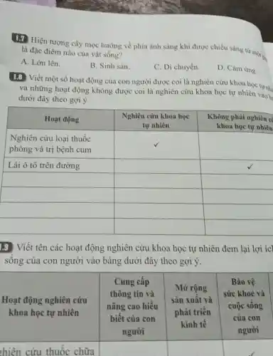 1.7 Hiện tượng cây mọc hướng về phía ánh sáng khi được chiếu sáng từ một m
là đặc điểm nào của vật sống?
A. Lớn lên.
B. Sinh sản.
C. Di chuyển.
D. Càm ứng.
1.8 Viết một số hoạt động của con người được coi là nghiên cứu khoa học tự như
và những hoạt động không được coi là nghiên cứu khoa học tự nhiên vào b
dưới đây theo gợi ý.
square 
square 
square 
square 
square 
square 
square 
square 
square 
square 
square 
square 
square 
square 
square 
square 
1.9 Viết tên các hoạt động nghiên cứu khoa học tự nhiên đem lại lợi ícl
sông của con người vào bảng dưới đây theo gợi ý.
square 
square 
square