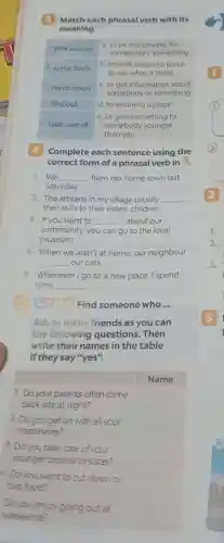 3 Match each phrasal verb with its meaning.
1 look around
2 come back
3. hand down
4. find out
5. take care of
a to be responsible for somebody/something
b. to walk around a place to see what is there
c. to get information about somebody or something
d. to return to a place
e. to give something to somebody younger than you
4 Complete each sentence using the correct form of a phrasal verb in 3.
1. We from our home town last Saturday.
2. The artisans in my village usually their skills to their eldest children.
3. If you want to about our community, you can go to the local museum.
4. When we aren't at home, our neighbour our cats.
5. Whenever I go to a new place, I spend time
C.
Find someone who...
Ask as many friends as you can the following questions. Then write their names in the table if they say "yes".
Name
1. Do your parents often come back late at night?
2. Do you get on with all your classmates?
3. Do you take care of your younger brother or sister?
4 Do you want to cut down on fast food?
Do you enjoy going out at mesiencs?