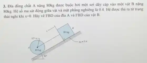 3. Đĩa đồng chất A nặng 80kg được buộc bởi một sợi dây cáp vào một vật B nặng
80kg. Hệ số ma sát động giữa vật và mặt phẳng nghiêng là 0.4. Hệ được thả ra từ trạng
thái nghi khi x=0 Hãy vẽ FBD của đĩa A và FBD của vật B.