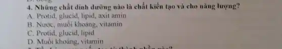 4. Những chất dinh dưỡng nào là chất kiến tạo và cho nǎng lượng?
A. Protid, glucid, lipid axit amin
B. Nước, muối khoảng . vitamin
C. Protid, glucid, lipid
D. Muối khoảng, vitamin