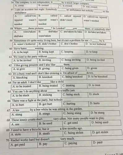 56. The company is not independent. It
__
by a much larger company.
A. owns
B. owned
C. is owned
D. was owned
57. I saw an accident last night. Somebody __ an ambulance but nobody
__ , so the
ambulance __
A.
called/was
B.
called/
C. called/ injured/
D. called/was injured/
injured/
wasn't
injured/
wasn't
didn't need
wasn't needed
needed
needed
__ ? In London? __ you
58. Where
__
these pictures
__
them, or somebody else?
A.
were/taken/
B.
did/take/
C. are/taken/do/take
D. do/take/are/taken
did/take
were/taken
59. Sometimes it's quite noisy living here, but it's not a problem for me - I __ by it.
A. wasn't bothered
B. didn't bother
C. don't bother
D. 'm not bothered
60. Steve hates
__
waiting.
A. to be kept
B. being kept
C. keeping
D. to keep
61. We went to the party without
__
A. to be invited
B. inviting
C. being inviting
D. being invited
62. I like giving presents and I also like
__
them.
A. to give
B. giving
C. being given
D. given
63. It's a busy road and I don't like crossing it. I'm afraid of
down.
A. knocking
B. knocked
C. being knocked
D. to be knocked
64. I'm an adult I don't like
__ like a child.
A. to be treated
B. being treated
C. treating
D. to treat
65. You can't do anything about __ in a traffic jam.
A. to be stuck
B. sticking
C. being stuck
D. stuck
66. There was a fight at the party.but nobody
__
A. to hurt
B. got hurt
C. hurting
D. hurts
67. A lex __
by a bee while he was sitting in the garden.
A. stung
B. stings
C. being stung
D. be stung
68. These tennis courts don't __ very often. Not many people want to play.
A. use
B. be used
C. get used
D. being used
69. I used to have a bicycle, but it __
a few months ago.
A. stole
B. steals
C. being stolen
D. got stolen
70. Rachel works hard but doesn't __
very much.
A. get paid
B. pay
C. paying
D. paid
Try