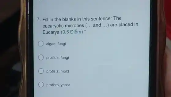 7. Fill in the blanks in this sentence: The
eucaryotic microbes ( __ and __ ) are placed in
Eucarya (0.5 Điểm)
algae, fungi
protists, fungi
protists, mold
protists, yeast