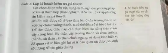 Bước 3: Lập kế hoạch kiểm tra giả thuyết
Lựa chọn được mẩu vật, dụng cụ thí nghiệm, phương pháp,
kĩ thuật thích hợp (thực nghiệm, điều tra __ ) và lập phương
án kiểm tra giả thuyết.
Muốn biết được số tế bào tǎng lên ở cây trưởng thành so
với cây chưa trưởng thành ta có thể đếm số tế bào ở hai cây
Để làm được điều này, cần thực hiện các công việc: chọn
cây cùng loại, lấy thân cây trưởng thành và chưa trưởng
thành, cắt thân cây theo chiều ngang; sử dụng kính hiển vi
để quan sát tế bào, ghi lại số tế bào quan sát được, so sánh
số lượng tế bào giữa chúng.
3. Kế hoach kiếm tra
giả thuyết của em cân
thực hiện những công
việc nào?