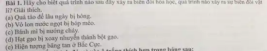 Bài 1. Hãy cho biết quá trình nào sau đây xảy ra biên đôi hóa học , quá trình nào xảy ra sự biên đôi vật
lí? Giải thích.
(a) Quả táo để lâu ngày bị hòng.
(b) Vỏ lon nước ngọt bị bóp méo.
(c) Bánh mì bị nướng cháy.
(d) Hạt gạo bị xoay nhuyễn thành bột gạo.
(e) Hiện tượng bǎng tan ở Bắc Cực.