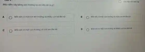 Biểu diền cây bằng con trưởng và em liền kề là gi?
A
Mồi nứt có một con em trướng và nhiều con trẻ liền kề
B
Mồi nút có một con trướng và một con tré liền kề
C
Mỗi nút có một con trưởng và một em liền kề
D
Mồi nút có một con trưởng và nhiều con em liền kề