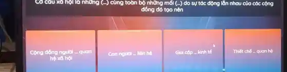 Cơ cấu xã hội là những (... ) cùng toàn bộ những mối (ldots ) do sự tác động lẫn nhau của các cộng
đồng đó tạo nên
Cộng đồng người ... quan
hệ xã hội
Con nguòl - lên hệ
Glal cấp ... kinh tế
Thiết chế ... quan hệ