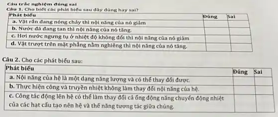 Cau trác nghiẹm đúng sai
Cau 1. Cho biết các phát biếu sau đây đúng hay sai?

 Phát biếu & Đúng & Sai 
 a. Vật rẩn đang nóng cháy thì nội năng của nó giảm & & 
 b. Nước đá đang tan thì nội năng của nó tăng. & & 
 c. Hơi nước ngưng tụ ở nhiệt độ không đối thì nội năng của nó giảm & & 
 d. Vật trượt trên mặt phẳng nằm nghiêng thì nội năng của nó tăng. & & 


Câu 2. Cho các phát biểu sau:

 Phát biểu & Đúng & Sai 
 a. Nội năng của hệ là một dạng năng lượng và có thế thay đối được. & & 
 b. Thực hiện công và truyền nhiệt không làm thay đối nội năng của hệ. & & 
 }(l)
c. Công tác động lên hệ có thể làm thay đối cả ống động năng chuyển động nhiệt 
của các hạt cấu tạo nên hệ và thế năng tương tác giữa chúng.
 & &