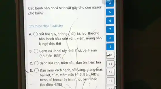 Các bệnh nào do vi sinh vật gây cho con người
phổ biến?
(Chỉ được chọn 1 đáp án)
A Sốt hồi quy, phong (hủi), tả, lao, thương
hàn, bạch hầu, uốn ván , viêm, màng não,
lị, ngộ độc thịt
B Bệnh củ khoai tây hình thoi, bệnh não
(bò điên -BSE)
c Bệnh lúa von, nấm sâu, đạo ôn, tiêm lửa
D. Đậu mùa, dịch hạch , sốt(vàng, giang mai
bại liệt, cúm, viêm não Nhật Bản, ÁIDS,
bệnh củ khoai tây hình thoi, bệnh/não
(bò điên -BSE