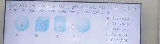 CH2: Hãy sắp xếp điện thông gửi qua các mặt Gauss a , b, c,
d từ lớn đến nhỏ, nếu bằng hãy ghi rõ dấu bằng.
a. Dgt cgt bgt a
b. Dgt cgt b=a
C. Dgt a=bgt c
Q
so
D	D	B	o
d. Cgt a=bgt d
e. Cgt agt bgt d