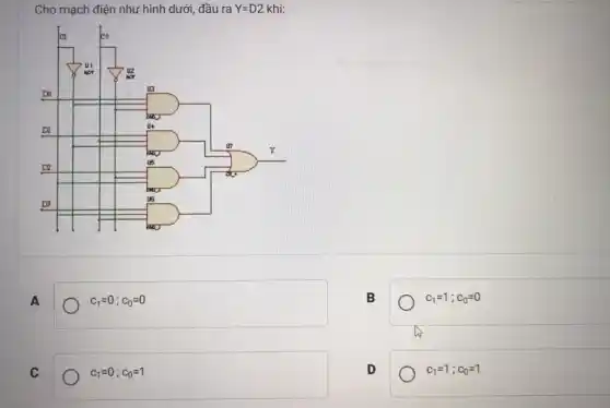 Cho mạch điện như hình dưới, đầu ra Y=D2 khi:
A
c_(1)=0;c_(0)=0
B
c_(1)=1;c_(0)=0
C
c_(1)=0;c_(0)=1
D
c_(1)=1;c_(0)=1