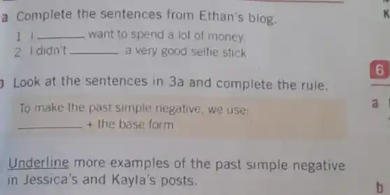 a Complete the sentences from Ethan's blog.
I __ want to spend a lot of money
2 I didn't __ a very good selfie stick.
) Look at the sentences in 3a and complete the rule.
To make the past simple negative, we use:
+ the base form
Underline more examples of the past simple negative
in Jessica's and Kayla's posts.