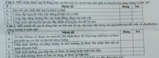 Câu 1. Mỗi nhân định sau là đúng hay sai khi nói về vai trò trao đổi chất và chuyển hóa nǎng lượng ở sinh vật?
Đúng
Mệnh đề
square 
square 
square 
square 
square 
square 
d. Giúp sinh vật truyền lại các đặc điểm di truyền cho thế hệ sau.
square 
square 
Câu 2. Mỗi mệnh đề sau là đúng hay sai khi nói về các dấu hiệu đặc trưng của quá trình trao đổi chất và chuyển hóa
nǎng lượng ở sinh vật?
Y
square 
square 
square 
square 
square 
square 
square 
square