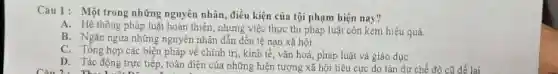 Câu 1: Một trong những của tội phạm hiện nay?
A. Hệ thống pháp luật hoàn thiện, nhưng việc thực thi pháp luật còn kém hiệu quả.
B. Ngǎn ngừa những nguyên nhân dẫn đến tệ nạn xã hội
C. Tông hợp các biện pháp về chính trị, kinh tế, vǎn hoá, pháp luật và giáo dục
D. Tác động trực tiếp, toàn diện của những hiện tượng xã hội tiêu cực do tần dư chế độ cũ