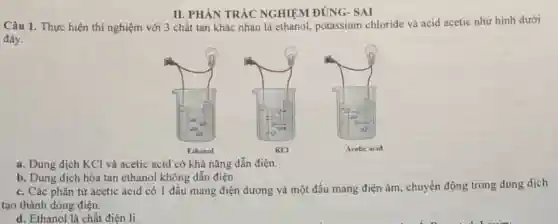 Câu 1. Thực hiện thí nghiệm với 3 chất tan khác nhau là ethanol, potassium chloride và acid acetic như hình dưới
đây.
a. Dung dịch KCl và acetic acid có khả nǎng dẫn điện.
b. Dung dịch hòa tan ethanol không dẫn điện.
c. Các phân tử acetic acid có 1 đầu mang điện dương và một đầu mang điện âm, chuyển động trong dung dịch
tạo thành dòng điện.
d. Ethanol là chất điện li.
II. PHÀN TRÁC NGHIỆM ĐÚNG- SAI