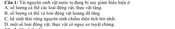 Câu 1: Tài nguyên sinh vật nước ta đang bị suy giảm biểu hiện ở
A. số lượng cá thể các loài động vật, thực vật tǎng.
B. số lượng cá thê và loài động vật hoang dã tǎng.
C. hệ sinh thái rừng nguyên sinh chiêm diện tích lớn nhất.
D. một số loài động vật, thực vật có nguy cơ tuyệt chủng.