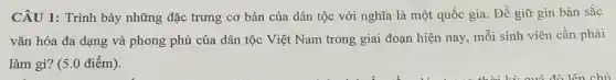 CÂU 1: Trình bày những đặc trưng cơ bản của dân tộc với nghĩa là một quốc gia. Để giữ gìn bản sắc
vǎn hóa đa dạng và phong phú của dân tộc Việt Nam trong giai đoạn hiện nay, mỗi sinh viên cần phải
làm gì? (5.0 điểm).