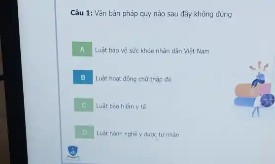 Câu 1: Vǎn bản pháp quy nào sau đây không đúng
A Luật bảo vệ sức khỏe nhân dân Việt Nam
B Luật hoạt động chữ thập đỏ
Luật bảo hiểm y tế
D Luật hành nghề y dược tư nhân