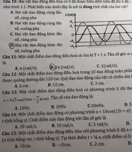 Câu 10: Hai vật dao động đều hòa có li độ được biểu diễn trên đồ thi li độ -
như hình 1.1. Phát biểu nào dưới đây là mô tả đúng tính chất của hai vât?
A. Hai vật dao động cùng tần
số, cùng pha
B. Hai vật dao động cùng tần
số, vuông pha
C. Hai vật dao động khác tần
số, cùng pha
(D.) Hai vật dao động khác tần
số, vuông pha
Câu 11: Một chất điểm dao động điều hoà có chu kì T=1s . Tần số góc ω c
là
A. pi (rad/s)
B. 2pi (rad/s)
C. 1(rad/s)
Câu 12: Một chất điểm dao động điều hoà trong 10 dao động toàn phần
được quãng đường dài 120 cm Quỹ đạo dao động của vật có chiều dài l
A. 6 cm.
B. 12 cm.
C. 3 cm.
Câu 13: Một chất điểm dao động điều hoà có phương trình li đô the
x=5sqrt (3)cos(10pi t+(pi )/(3))(cm)
Tần số của dao động là:
D. 5
A. 10Hz.
B. 20Hz.
10pi Hz
Câu 14: Một chất điểm dao động có phương trình
x=10cos(15t+pi )
t tính bằng s). Chất điểm này dao động với tần số góc là
D.
A. 20rad/s
B. 10rad/s
C. 5rad/s
Câu 15: Một chất điểm dao động điều hòa với phương trình li đô
X=
(x tính bằng cm , t tính bằng s). Tại thời điểm
t=1/4s chất điểm có li
D.
A. surd 3cm
B. -sqrt (3)cm
C. 2 cm.