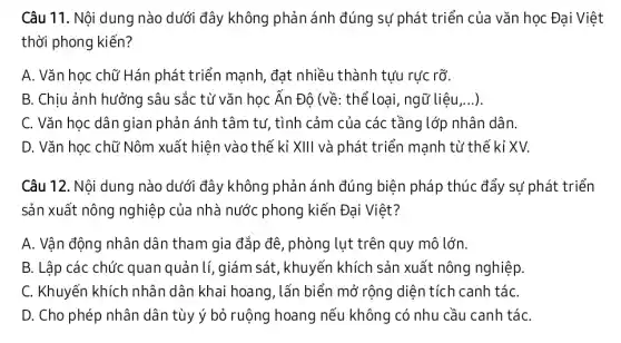 Câu 11. Nội dung nào dưới đây không phản ánh đúng sự phát triển của vǎn học Đại Việt
thời phong kiến?
A. Vǎn học chữ Hán phát triển mạnh, đạt nhiều thành tựu rực rõ.
B. Chịu ảnh hưởng sâu sắc từ vǎn học Ấn Đô (về:thể loại, ngữ liệu,..).
C. Vǎn học dân gian phản ánh tâm tự,tình cảm của các tầng lớp nhân dân.
D. Vǎn học chữ Nôm xuất hiện vào thế kỉ XIII và phát triển mạnh từ thế kỉ XV.
Câu 12. Nội dung nào dưới đây không phản ánh đúng biện pháp thúc đẩy sự phát triển
sản xuất nông nghiệp của nhà nước phong kiến Đai Việt?
A. Vận động nhân dân tham gia đắp đê, phòng lụt trên quy mô lớn.
B. Lập các chức quan quản lí, giám sát, khuyến khích sản xuất nông nghiệp
C. Khuyến khích nhân dân khai hoang, lấn biển mở rộng diện tích canh táC.
D. Cho phép nhân dân tùy ý bỏ ruộng hoang nếu không có nhu cầu canh táC.