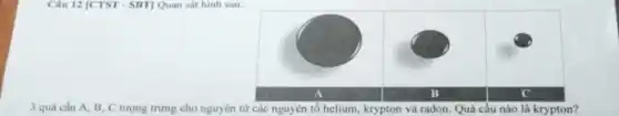 Câu 12 [CTST - SBT]Quan sát hình sau:
3 quả cầu A , B, C tượng trưng cho nguyên tử các nguyên tố helium, krypton và radon. Quả cầu nào là krypton?