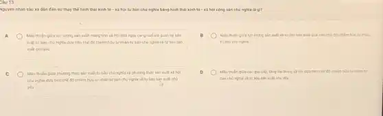 Câu 13:
Nguyên nhân sâu xa dần đến sự thay thế hình thái kinh tế - xã hội tư bản chủ nghĩa bảng hình thái kinh tế ; - xã hội cộng sản chủ nghĩa là gì?
Màu thuần giữa lực lượng sản xuất mang tính xã hội hoá ngày càng cao với quan hệ sản
xuất tư bản chủ nghĩa dựa trên chế độ chiếm hữu tư nhân tư bản chủ nghĩa về tư liệu sản
xuất chủ yếu
) Màu thuần giữa lực lượng sản xuất và tư liệu sản xuất dựa trên chế độ chiếm hữu tư nhân
tư bản chủ nghĩa
Mâu thuần giữa phương thức sản xuất tư bản chủ nghĩa và phương thức sản xuất xã hội
chủ nghĩa dựa trên chế độ chiếm hữu tư nhân tư bản chủ nghĩa về tư liệu sản xuất chủ
yếu
Màu thuần giữa các giai cấp, tầng lớp trong xã hội dựa trên chế độ chiếm hữu tư nhân tư
bản chủ nghĩa về tư liệu sản xuất chủ yếu