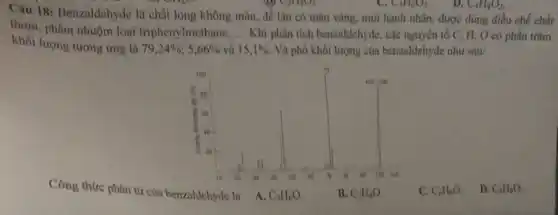 Câu 18: Benzaldehyde là chất lòng không màu, để lâu có màu vàng , mùi hạnh nhân, được dùng điều chế chất
thơm, phẩm nhuộm loại triphenylmethane. __ Khi phân tích benzaldehyde , các nguyên tố C . H, O có phần trǎm
khối lượng tương ứng là 79,24% ;5,66%  và 15,1%  Và phố khối lượng của benzaldehyde như sau:
D. C_(4)H_(8)O_(2)
Công thức phân từ của benzaldehyde là
A. C_(7)H_(6)O.
B. C_(7)H_(8)O.
C. C_(6)H_(6)O
D. C_(8)H_(8)O