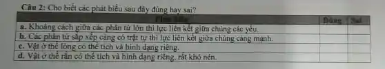 Câu 2: Cho biết các phát biểu sau đây đúng hay sai?

 multicolumn(1)(|c|)( Phát biêu ) & Đúng & Sai 
 a. Khoảng cách giữa các phân tử lớn thì lực liên kết giữa chúng các yếu. & & 
 b. Các phân tử sắp xếp càng có trật tự thì lực liên kết giữa chúng càng mạnh. & & 
 c. Vật ở thể lỏng có thể tích và hình dạng riêng. & & 
 d. Vật ở thể rắn có thể tích và hình dạng riêng, rất khó nén. & &