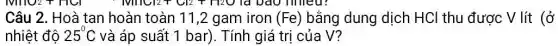 Câu 2. Hoà tan hoàn toàn 11,2 gam iron (Fe) bằng dung dịch HCl thu được V lít (dot (0))
nhiệt độ 25^circ C và áp suất 1 bar). Tính giá trị của V?