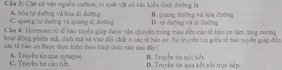 Câu 3: Cǎn cứ vào nguồn carbon.vi sinh vật có các kiểu dinh dưỡng là
A. hóa tự dưỡng và hóa dị dưỡng
B. quang dưỡng và hóa dưỡng
C. quang tự dưỡng và quang dị dưỡng
D. tự dưỡng và dị dưỡng
Câu 4: Hormone từ tế bào tuyến giáp được vận chuyển trong máu đến các tế bào cơ làm tǎng cường
hoạt động phiên mã dịch mã và trao đôi chất ở các tế bào cơ. Sự truyền tin giữa tế bào tuyến giáp đến
các tế bào cơ được thực hiện theo hình thức nào sau đây?
A. Truyền tin qua synapse.
B. Truyền tin nội tiết
C. Truyền tin cận tiêt.
D. Truyền tin qua kết nối trực tiếp.