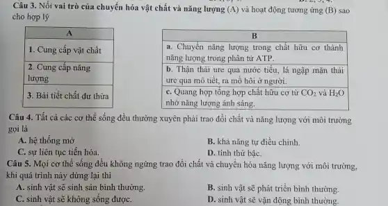 Câu 3. Nối vai trò của chuyển hóa vật chất và nǎng lượng (A) và hoạt động tương ứng (B) sao
cho hợp lý
A
1. Cung cấp vật chất
2. Cung cấp nǎng
lượng
3. Bài tiết chất dư thừa
B
a. Chuyển nǎng lượng trong chất hữu cơ thành
nǎng lượng trong phân tử ATP.
b. Thận thải ure qua nước tiểu, lá ngập mặn thải
ure qua mô tiết,ra mồ hôi ở người.
C. Quang hợp tổng hợp chất hữu cơ từ CO_(2) và H_(2)O
nhờ nǎng lượng ánh sáng.
Câu 4. Tất cả các cơ thể sống đều thường xuyên phải trao đổi chất và nǎng lượng với môi trường
gọi là
A. hệ thống mở
B. khả nǎng tự điều chỉnh.
C. sự liên tục tiến hóa.
D. tính thứ bậC.
Câu 5. Mọi cơ thể sống đều không ngừng trao đổi chất và chuyển hóa nǎng lượng với môi trường,
khi quá trình này dừng lại thì
A. sinh vật sẽ sinh sản bình thường.
B. sinh vật sẽ phát triển bình thường.
C. s vật sẽ không sông đượC.
D. sinh vật sẽ vận động bình thường.