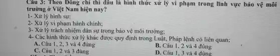 Câu 3: Theo Đông chí thì đâu là hình thức xử lý vi phạm trong lĩnh vực bảo vệ môi
trường ở Việt Nam hiện nay?
1- Xử lý hình sư:
2- Xử lý vi phạm hành chính;
3- Xử lý trách nhiệm dân sự trong bảo vệ môi trường;
4- Các hình thức xử lý khác được quy định trong Luật , Pháp lệnh có liên quan;
A. Câu 1,2 , 3 và 4 đúng
B. Câu 1, 2 và 4 đúng
C. Câu 1, 2 và 3 đúng
D. Câu 1.3 và 4 đúng