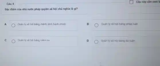 Câu 4 :
Đặc điém của nhà nước pháp quyền xã hội chú nghĩa là gì?
A
Quản lý xã hội bảng mệnh lệnh hành chính
B
Quán lý xã hội bảng pháp luật
C
Quản lý xã hội bằng niềm tin
D
Quản ly xã hoi bảng dư luàn
Câu này cần xem la