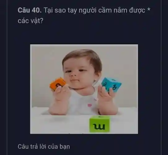 Câu 40. Tại sao tay người cầm nắm được *
các vật?
Câu trả lời của bạn