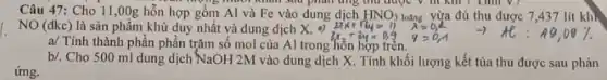 Câu 47: Cho 11,00g hỗn hợp gồm Al và Fe vào dung dịch HNO_(3) loãng vừa đủ thu được 7,437 lít khh
","B":"b moor khun sau phân thing thu được v
NO (đkc) là sản phẩm khử duy nhất và dung dịch X a) 21
a/ Tính thành phần phần trǎm số mol của Al trong
3x+3y=0,9
b/. Cho 500 ml dung dịch NaOH 2M vào dung dịch X . Tính khối lượng kết tủa thu được sau phản