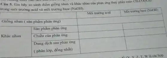 Câu 5. Em hãy so sánh điểm giống nhau và khác nhau của phản ứng thuỷ phân ester
CH_(3)COOCH_(3)
trong môi trường acid và môi trường base (NaOH).
square 
square 
square 
square 
square 
square