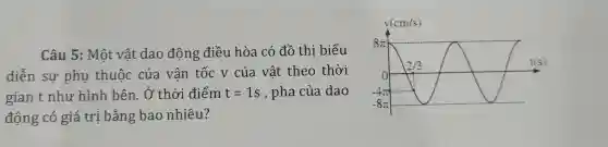 Câu 5: Một vật dao động điều hòa có đồ thi biểu
diễn sự phụ thuộc của vận tốc v của vật theo thời
gian t như hình bên. Ở thời điểm t=1s , pha của dao
động có giá trị bằng bao nhiêu?