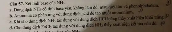 Câu 57. Xét tính base của NH_(3)
a. Dung dịch NH_(3)
có tính base yếu , không làm đổi màu quỳ tím và phenolphthalein.
b. Ammonia có phản ứng với dung dịch acid để tạo muôi ammonium.
c. Khi cho dung dịch NH_(3)
tác dụng với dung dịch HCl loãng thấy xuất hiện khói trắng.
d. Cho dung dịch FeCl_(3) tác dụng với dung dịch NH_(3) thấy xuất hiện kết tủa nâu đỏ.