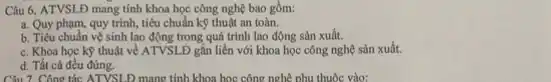 Câu 6. ATVSLĐ mang tính khoa học công nghệ bao gồm:
a. Quy phạm, quy trình, tiêu chuẩn kỹ thuật an toàn.
b. Tiêu chuẩn vệ sinh lao động trong quá trình lao động sản xuất.
c. Khoa học kỳ thuật về ATVSLĐ gần liền với khoa học công nghệ sản xuất.
d. Tất cả đều đúng.
Câu 7. Công tác ATVSLĐ mang tính khoa học công nghệ phụ thuộc vào: