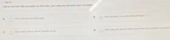Câu 6 :
Cǎn cứvào tính chất của quyền lực nhà nước.chức nǎng của nhà nước được chia thành:
A
) Chức nǎng đối nội và đối ngoai
B
Chức nǎng giai cắp và chức nǎng đối ngoại
C
Chức nǎng chính trị, kinh tế, vǎn hóa, xã hỏi
D
Chức nǎng giai cấp (trắn áp) và chức nǎng xã hội (tố chức và xây dựm