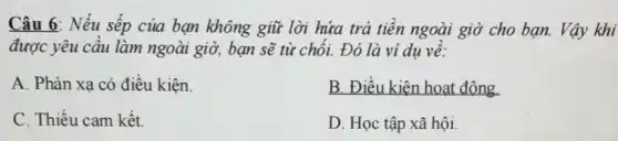 Câu 6: Nếu sếp của bạn không giữ lời hứa trả tiền ngoài giờ cho bạn.Vậy khi
được yêu cầu làm ngoài giờ, bạn sẽ từ chối. Đó là ví du về:
A. Phản xa có điều kiện.
B. Điều kiện hoạt động.
C. Thiếu cam kết
D. Học tập xã hội.