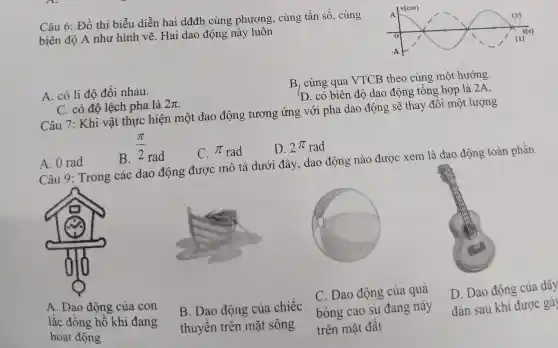 Câu 6: Đồ thi biễu diễn hai dđđh cùng phương, cùng tần số, cùng
biên độ A như hình vẽ. Hai dao động này luôn
A. có li độ đối nhau.
B, cùng qua VTCB theo cùng một hướng.
D. có biên độ dao động tổng hợp là 2A.
C. có độ lệch pha là 2pi 
Câu 7: Khi vật thực hiện một dao động tương ứng với pha dao động sẽ thay đôi một lượng
B.
(pi )/(2)
rad
A. 0 rad
C. pi _(rad)
D. 2^pi rad
Câu 9: Trong các dao động được mô tả dưới đây, dao động nào được xem là dao động toàn phân
x
A. Dao động của con
lắc đồng hồ khi đang
hoạt động
B. Dao động của chiếc
thuyền trên mặt sông
C. Dao động của quả
bóng cao su đang nảy
trên mặt đất
D. Dao động của dây
đàn sau khi được gảy