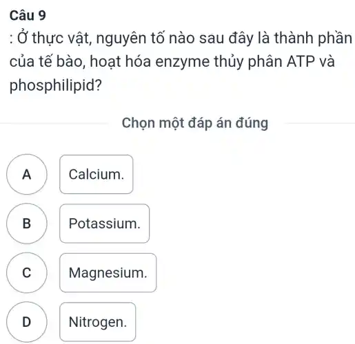 Câu 9
: Ở thực vật , nguyên tố nào sau đây là thành phần
của tế bào , hoạt hóa enzyme thủy phân ATP và
phosphilipid?
Chọn một đáp án đúng
A Calcium. A
B Potassium.
C Magnesium.
D Nitrogen.