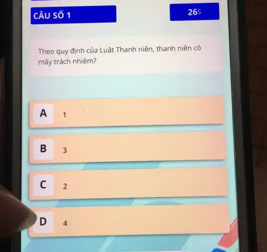 CÂU SỐ 1
Theo quy định của Luật Thanh niên , thanh niên có
mấy trách nhiệm?
A 1
B 3
C 2
D 4 D